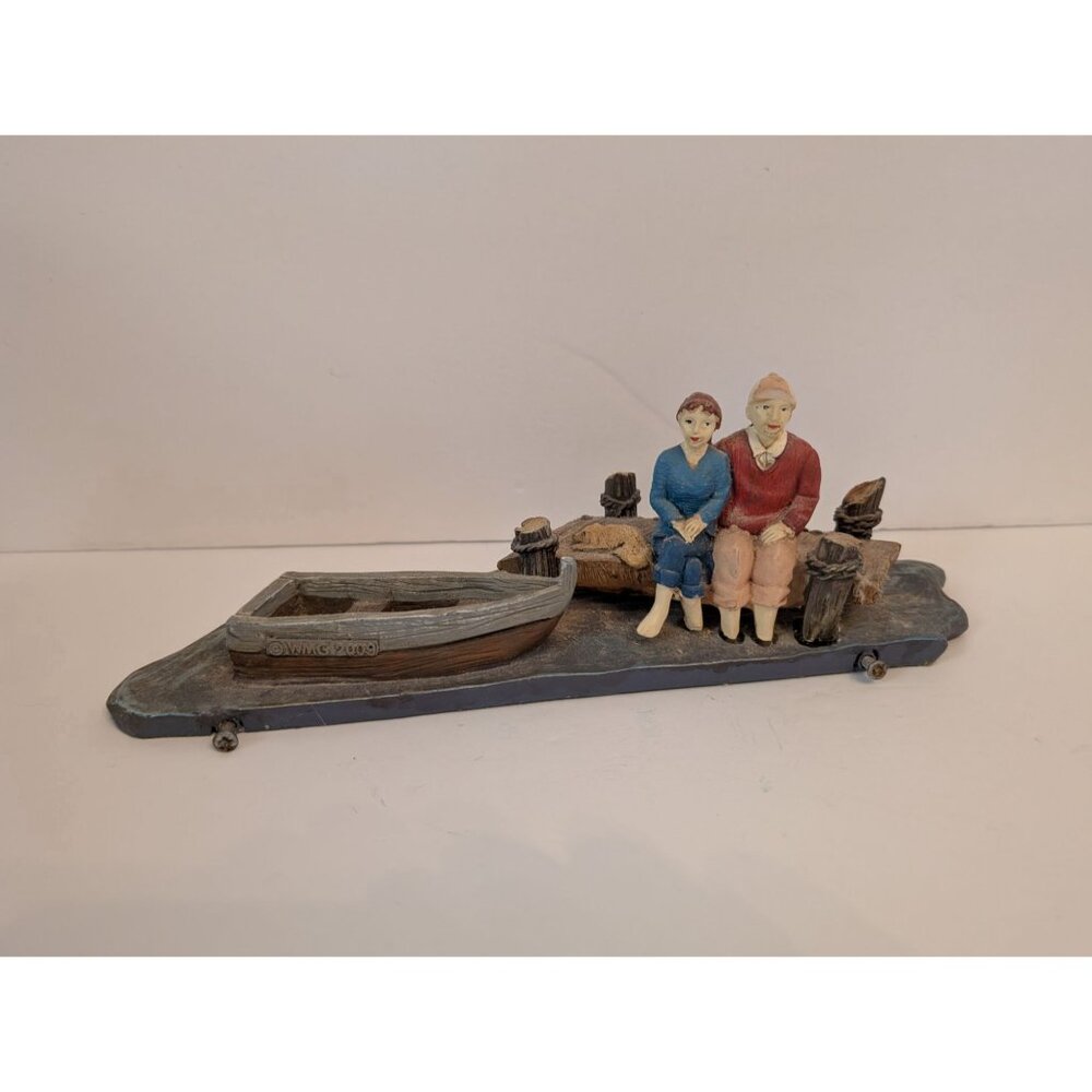 Vintage Collections Etc Figurine Couple On Dock Rowboat Dog Hand-Painted Resin 0